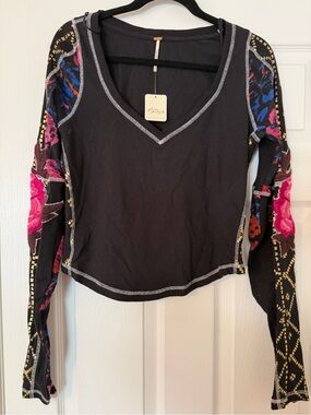 Free People Black V-Neck Long Sleeve Top with Multicolor Floral Sleeves